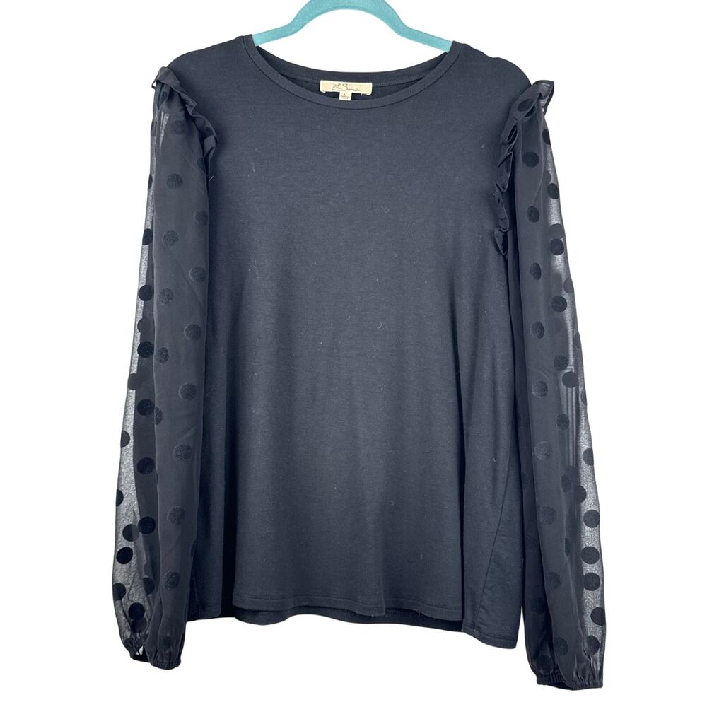 Les Serein Black Sheer Polka Dot Ruffle Sleeve Top Large